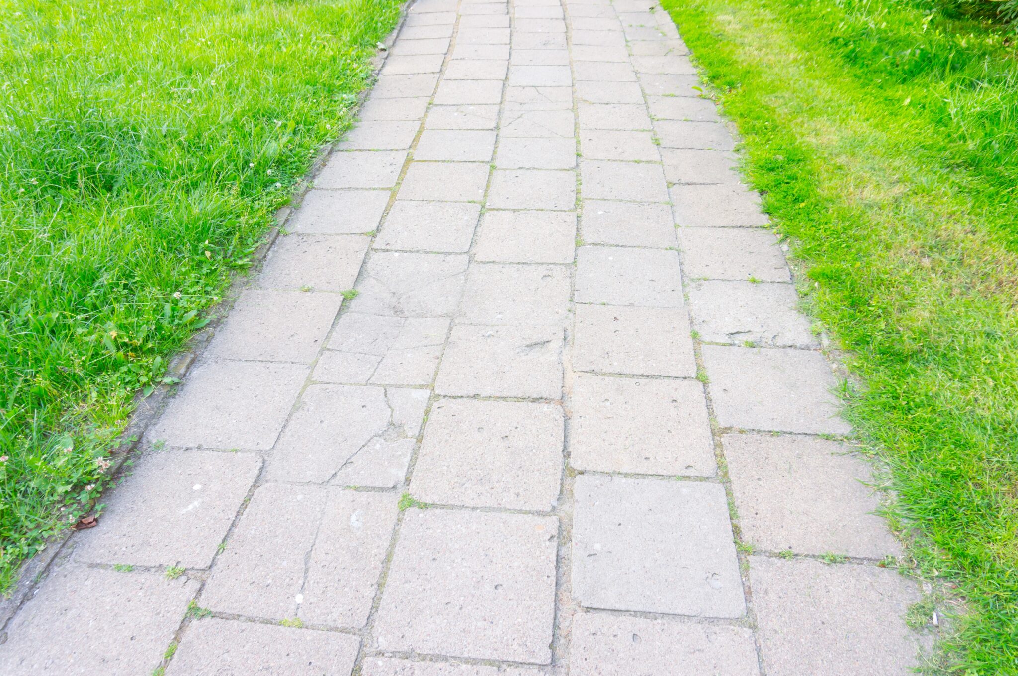 A high angle shot of footpath made of stone tiles surrounded by green grass